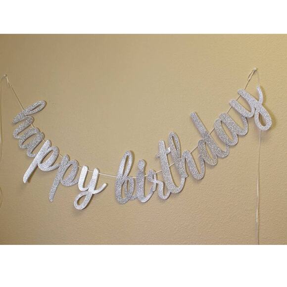 Happy Birthday Cursive Banner Silver Handcrafted Wall Party Decor Free Shipping - Picture 1 of 8
